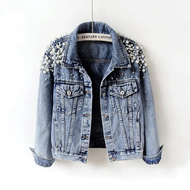 Pearl-Studded Casual Denim Jacket