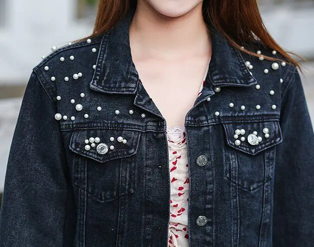 Pearl-Studded Casual Denim Jacket