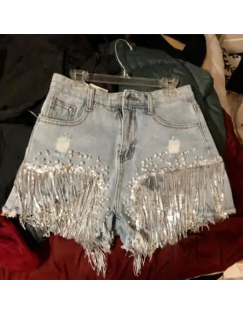 Denim Short with Tassel and Beading Design