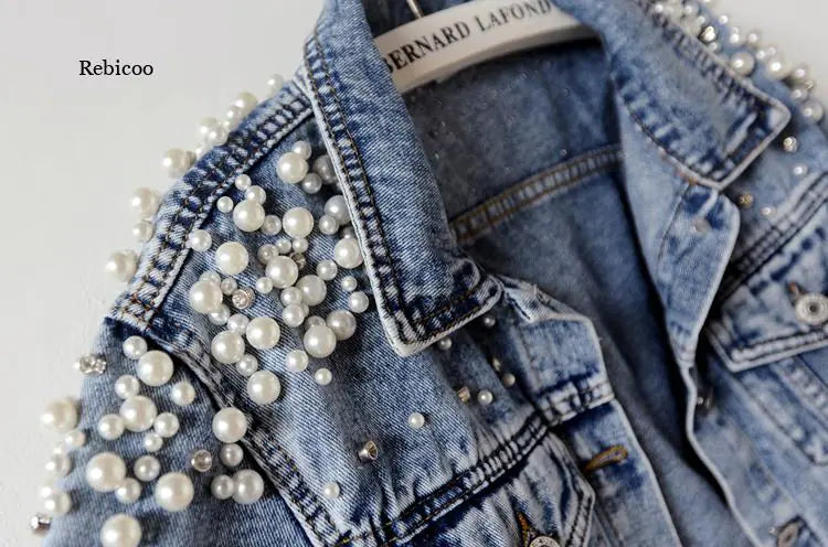 Pearl-Studded Casual Denim Jacket