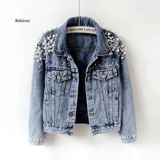 Pearl-Studded Casual Denim Jacket