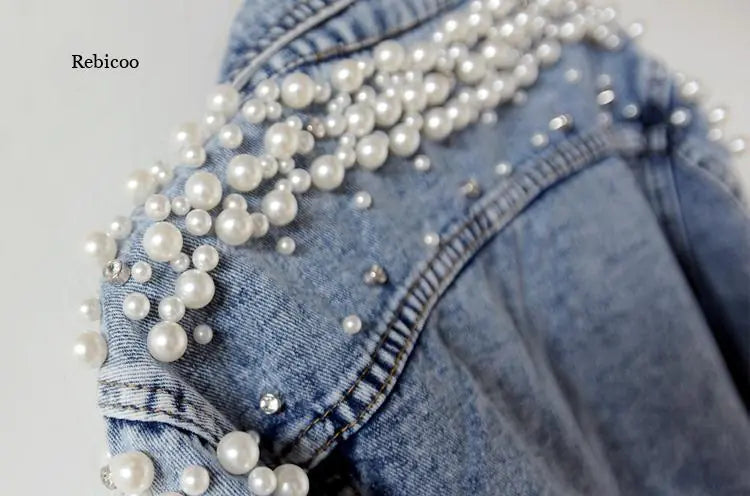 Pearl-Studded Casual Denim Jacket