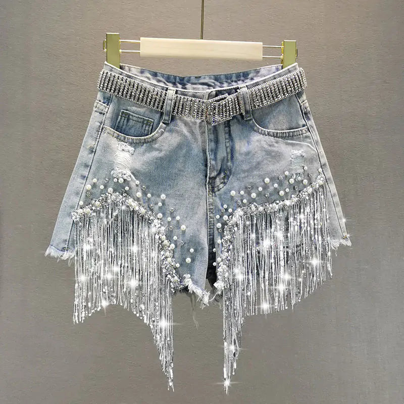 Denim Short with Tassel and Beading Design