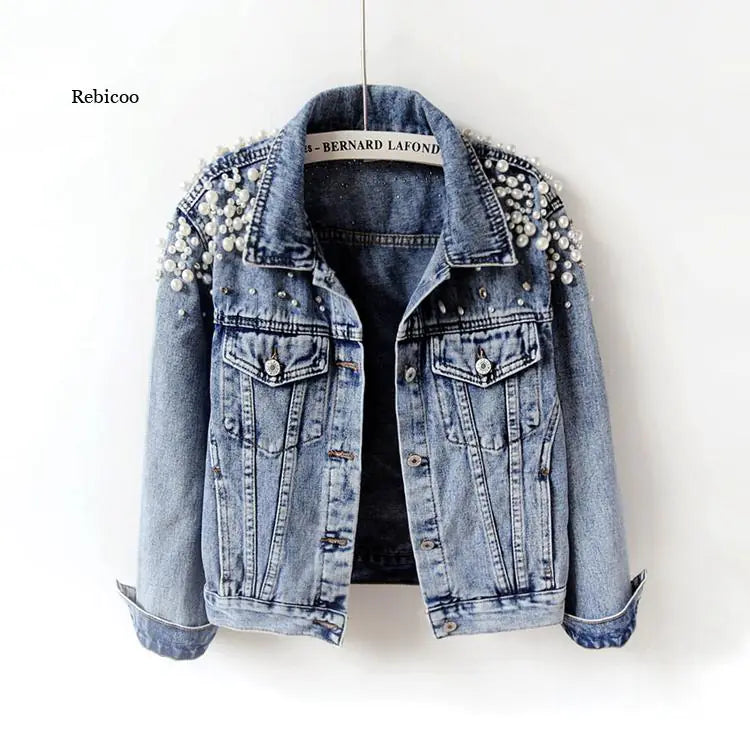 Pearl-Studded Casual Denim Jacket