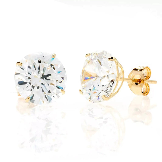 14K Gold Yellow Round Basket Setting Simulated Round Diamond Stud Earrings