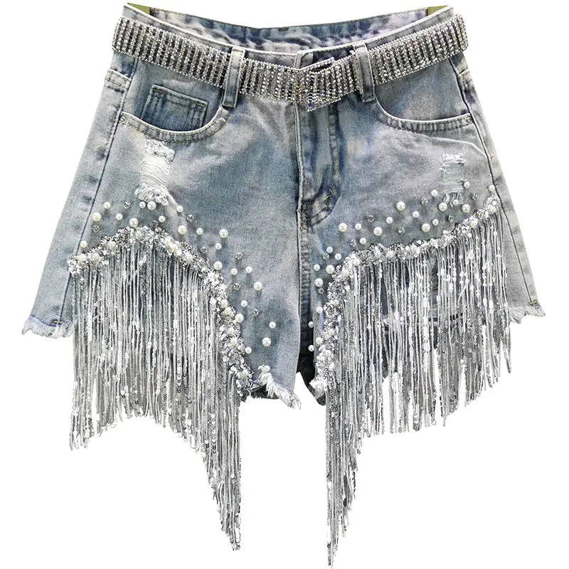 Denim Short with Tassel and Beading Design