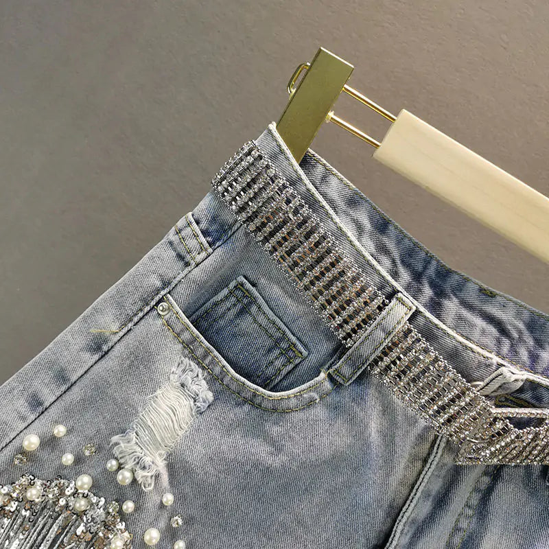 Denim Short with Tassel and Beading Design