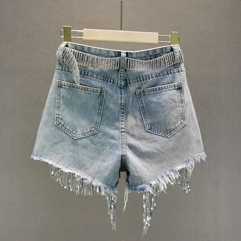 Denim Short with Tassel and Beading Design