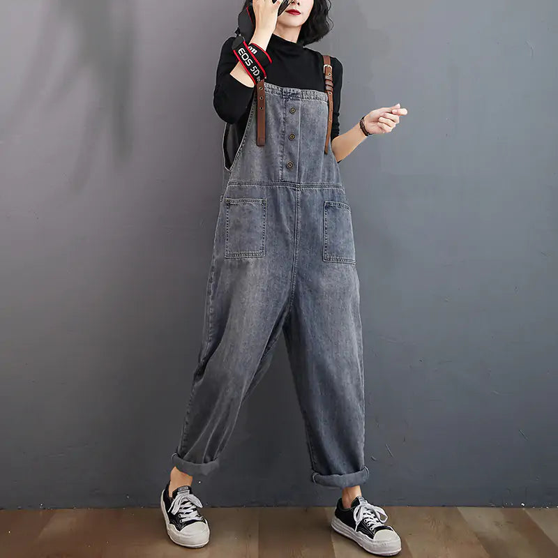 Spring Fashion Button Jeans Harem Jumpsuit