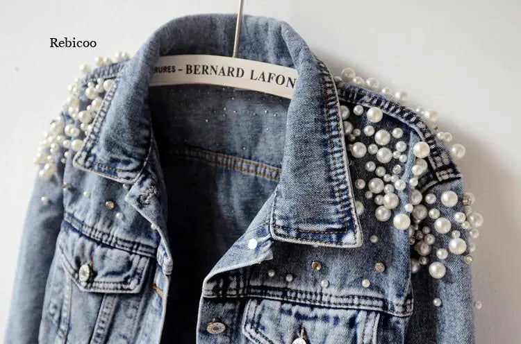 Pearl-Studded Casual Denim Jacket