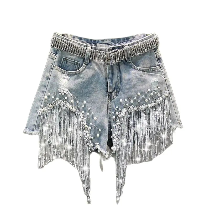 Denim Short with Tassel and Beading Design